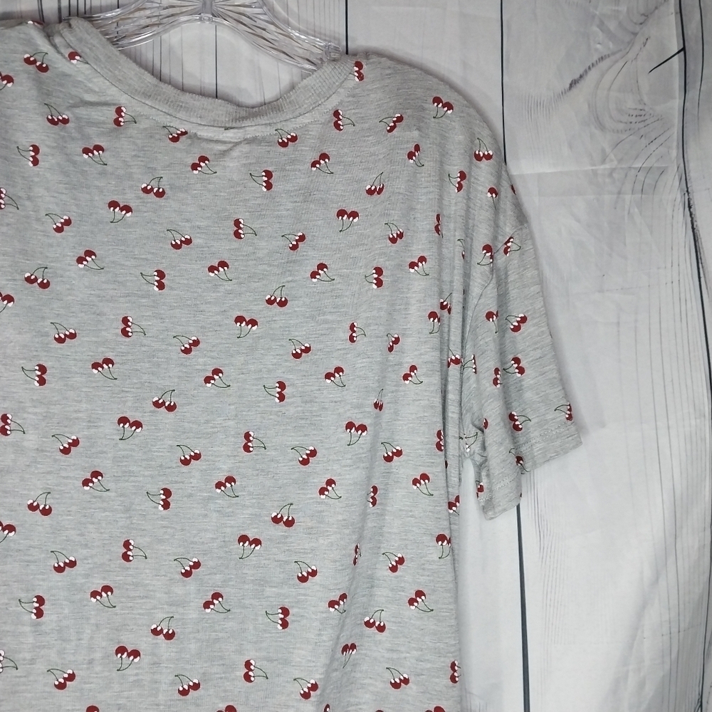 Belle Du Jour Gray Cherry Print Tie Front Casual Crew Neck Y2K Style Shirt - Picture 8 of 10